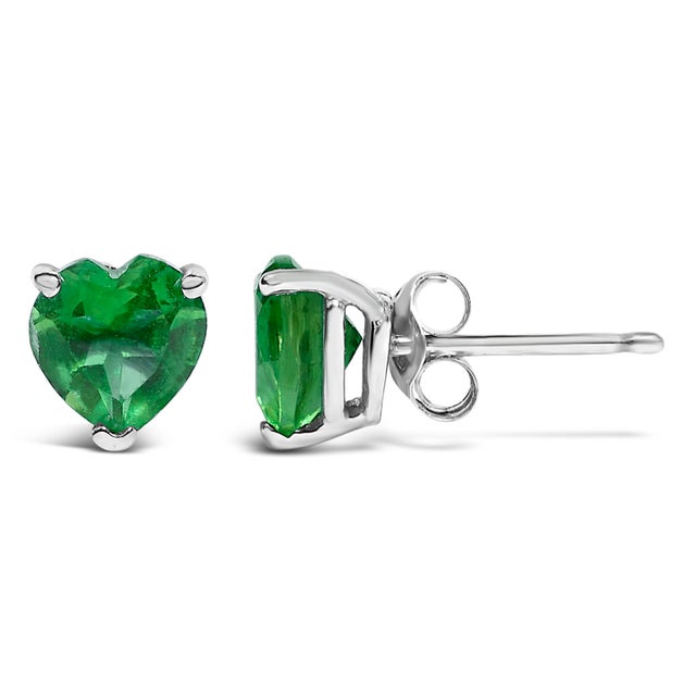 Contemporary 14K White Gold 5MM Heart Cut Emerald Solitaire Stud Earrings For Sale - Image 3 of 5