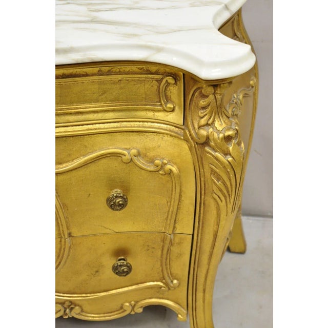 Gold Mid 20th Century Vintage Daniel Jones French Louis XV Style Gold Bombe Marble Top Nightstand For Sale - Image 8 of 11