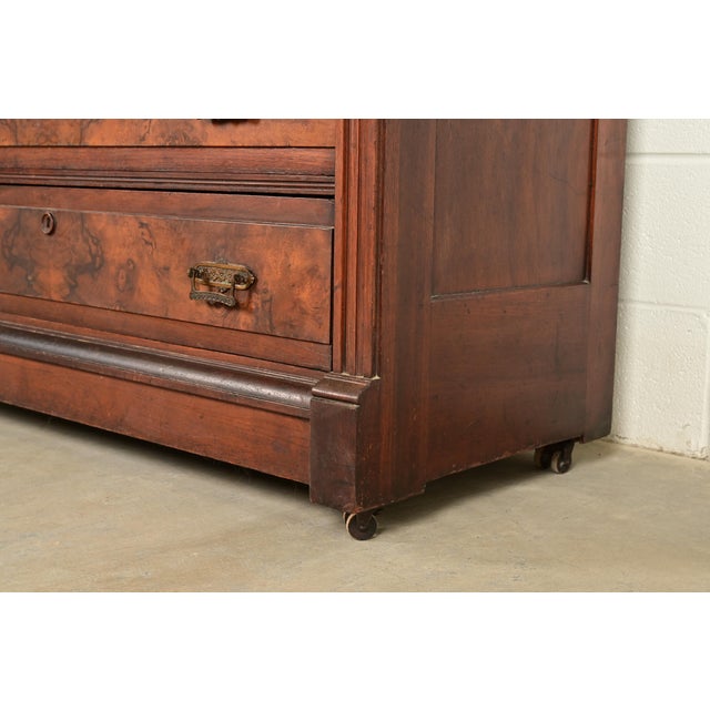 Herter Brothers Style Antique Eastlake Victorian Carved Burled Walnut Marble Top Dresser With Mirror, Circa 1880s For Sale - Image 13 of 17