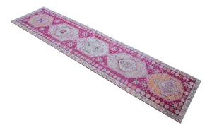 Brilliant Kurdish Runner Herki Rug. Hand-Knotted Tribal Raspberry Pink Hallway Rug - 2′10″ × 11′8″