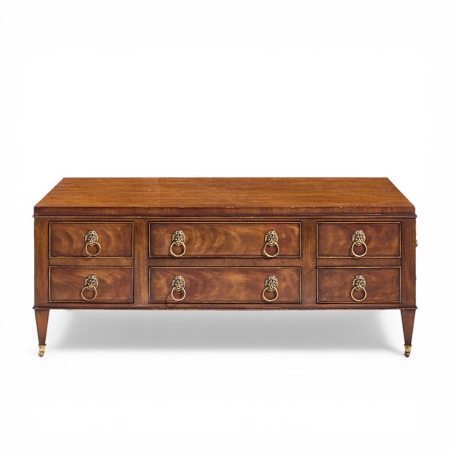 EJ Victor Burlwood and Walnut Lion Head Handle Coffee Table This coffee table measures: 45 wide x 32.5 deep x 18 inches...