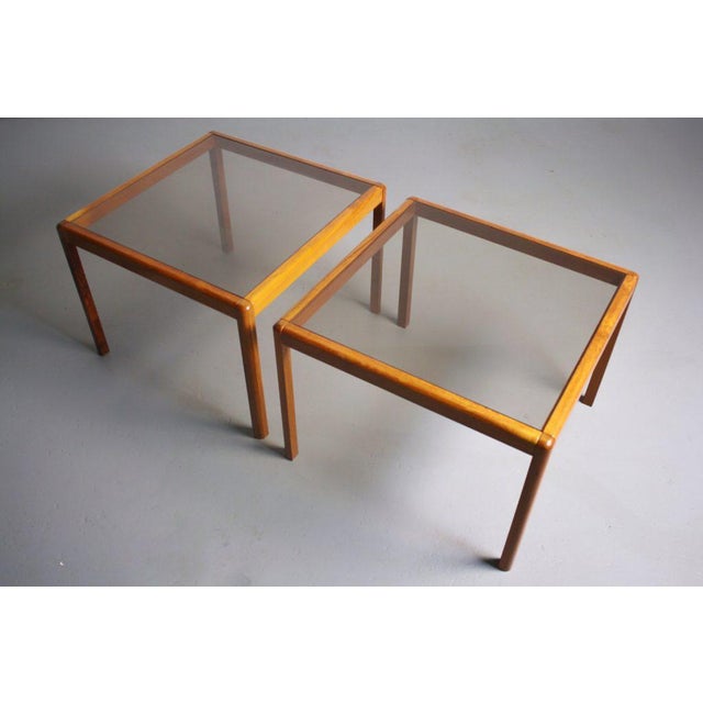 Mid-Century Modern Minimalist Teak End Tables with Smoked Glass Tops For Sale - Image 3 of 5