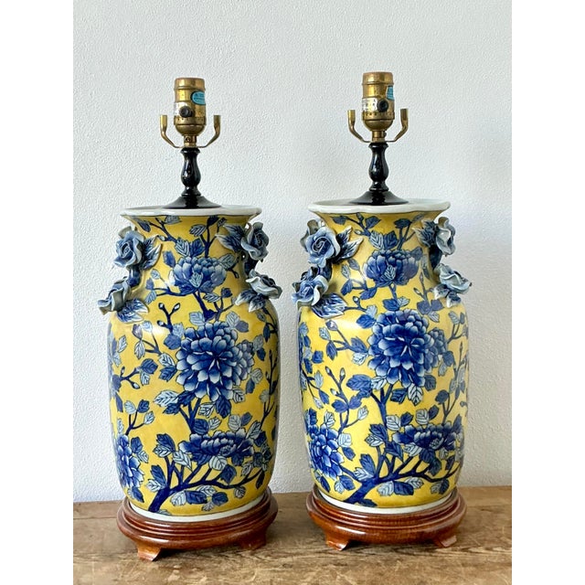 Vintage Boho Blue Rose Glazed Ceramic Vase Lamps - A Pair For Sale In West Palm - Image 6 of 12