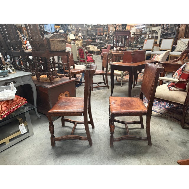 19th Century Set of 4 19th-Century English Cromwellian Leather & Oak Dining Chairs For Sale - Image 5 of 18