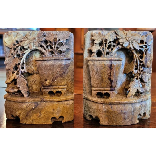 Stone Pair of 20c Chinese Soapstone Carved Bookends For Sale - Image 7 of 11