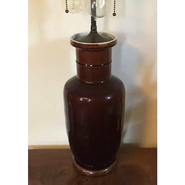 Chinese Early 20th Century Antique Chinese Brown Porcelain Rouleau Shape Vase Table Lamp For Sale - Image 3 of 13