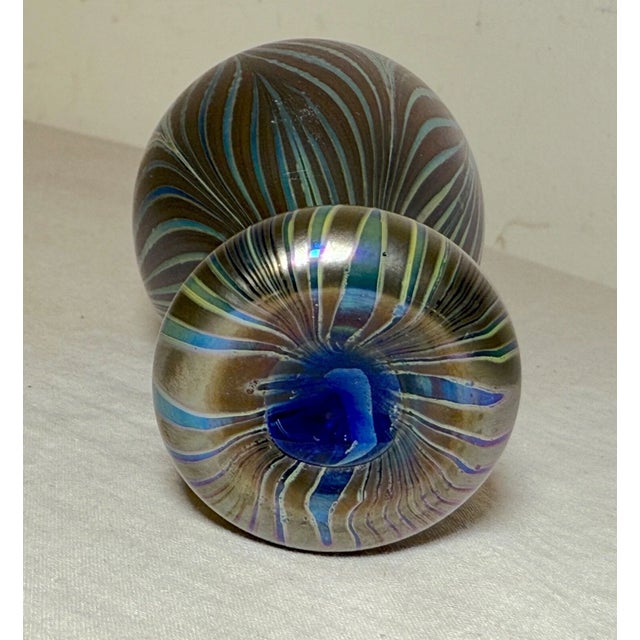 Vintage Miniature Hand Blown Pulled Feather Blue Iridescent Studio Glass Vase For Sale - Image 9 of 10