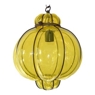Midcentury Seguso Style Murano Neon Yellow Bubbles Blown Lantern Chandelier For Sale
