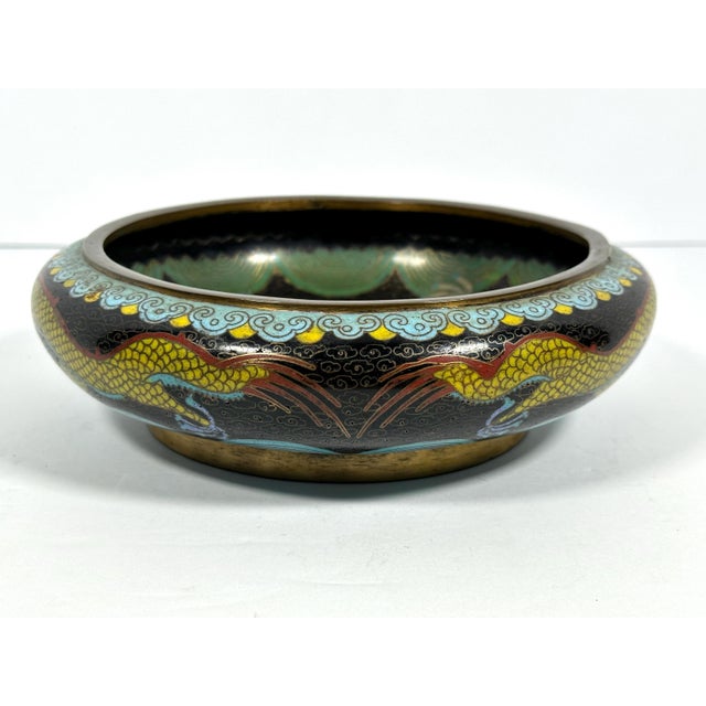 Antique Chinese Cloisonne Bowl: Dragon & Flaming Pearl Design For Sale - Image 6 of 10