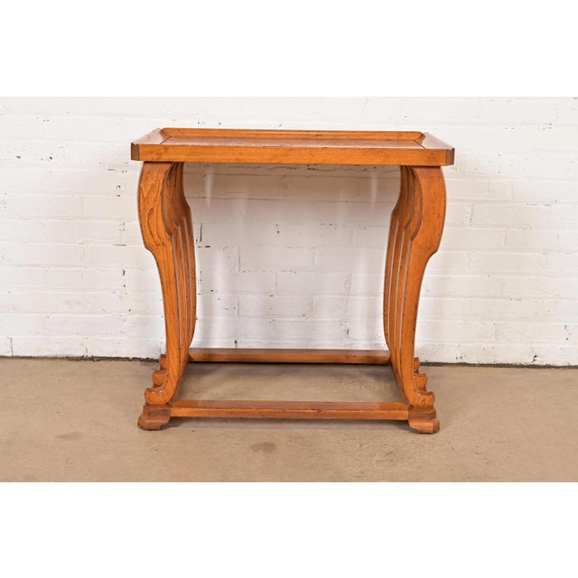 A gorgeous modern Art Deco style burled walnut side table, tea table, or nightstand By Baker Furniture USA, Circa Late...