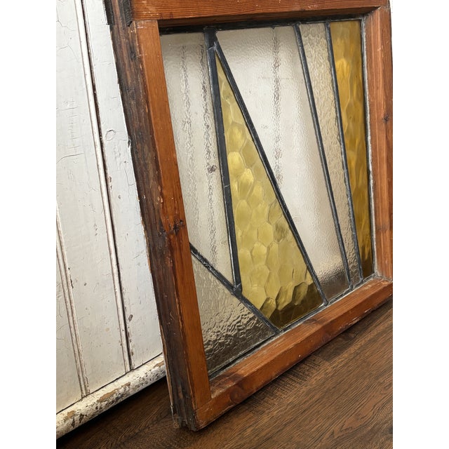 Antique Glass Wood Frame Stained Prairie School Window - Geometric Reversible Wood Frame For Sale - Image 10 of 10
