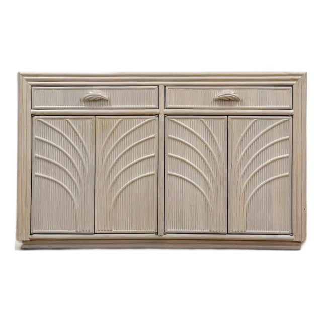 Vintage Coastal Lightwash Blonde Pencil Reed Rattan Sideboard, Buffet, Credenza For Sale