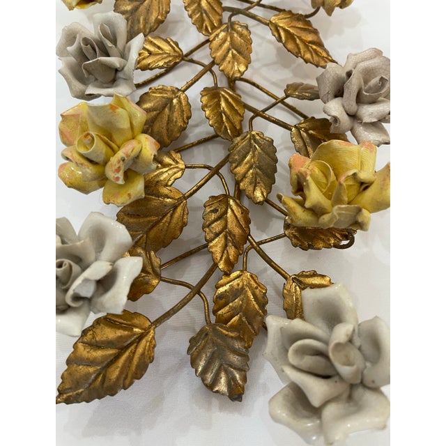 Wall decor gold brass leaf with decorative porcelain roses white and yellow Origin : Italy Circa : 1940