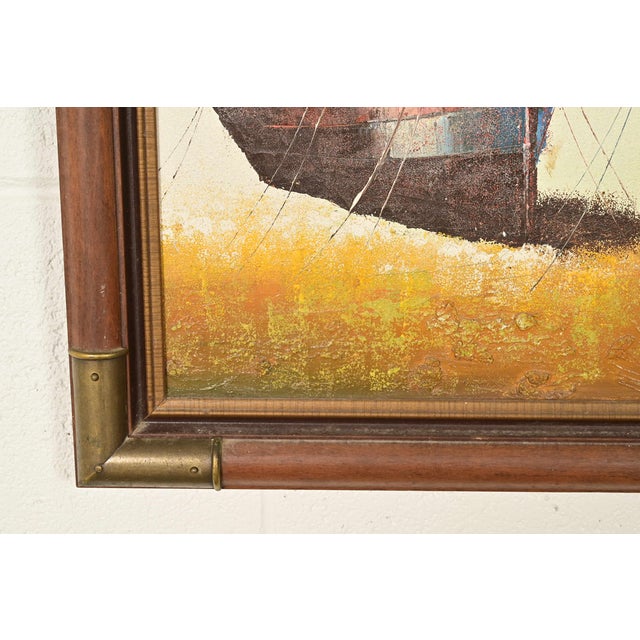 Wood Original Artist Signed ‘Seaside Harbor’ Acrylic Painting in Carved Walnut and Brass Frame For Sale - Image 7 of 12
