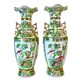 Late 19th C Antique Chinoiserie Boho Chic Hollywood Regency Famille Rose Vases - A Pair, Monumental For Sale