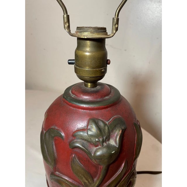 Antique Heavy Bronze Clad Polychromed Red Flower Relief Electric Table Lamp For Sale - Image 10 of 11