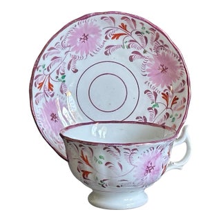 Antique English Pink Lusterware Teacup and Saucer Set Early 19th C For Sale