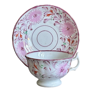 Antique English Pink Lusterware Teacup and Saucer Set Early 19th C