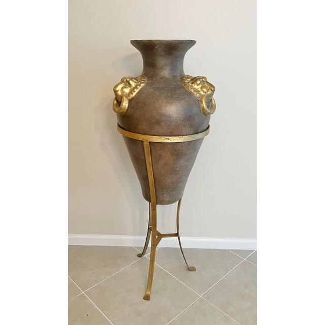 Metal Vintage Floor Amphora Urn Vase 52” With Lionhead Ring Handles &Tripod Stand For Sale - Image 7 of 8