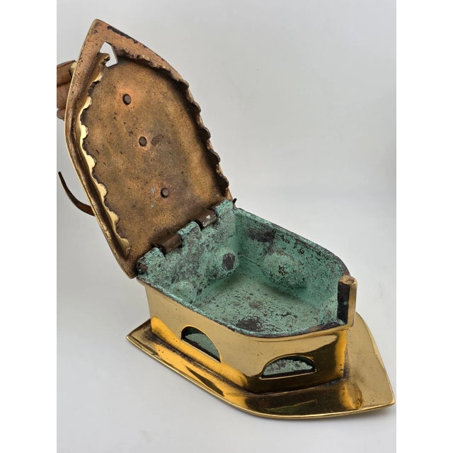 Antique C1850 Middle East Handmade Brass Charcoal Big Press Iron W Wooden Handle For Sale - Image 12 of 15