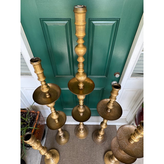 1960s Vintage 1960s Moroccan Etched Brass Pillar Altar Floor Candle Stands = 5 Altars (35 Pieces) For Sale - Image 5 of 15