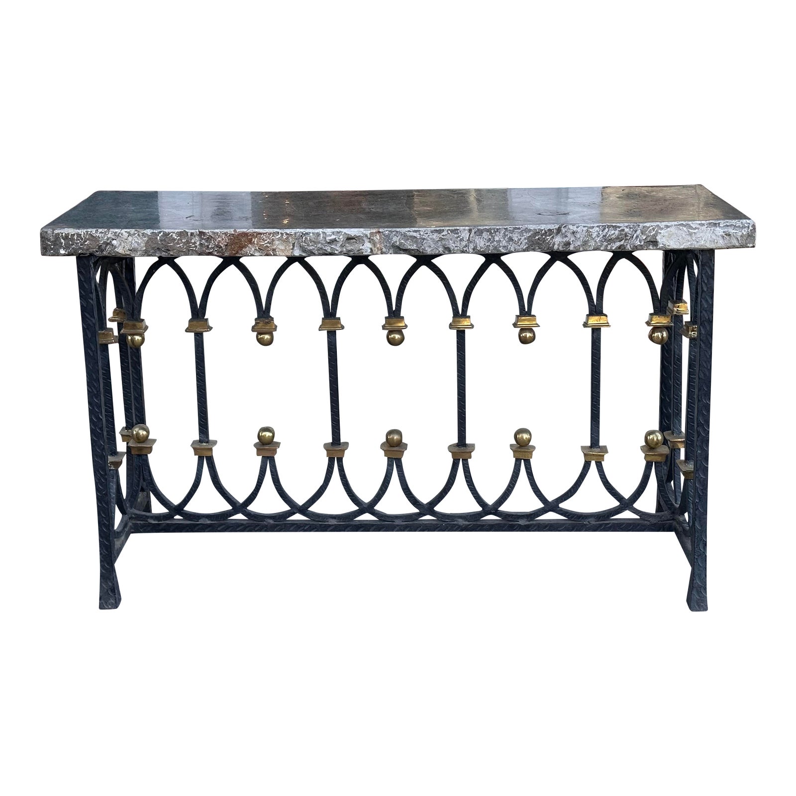 19th C Cast Iron & Bronze Console Table W Later Fossil Stone Marble Top