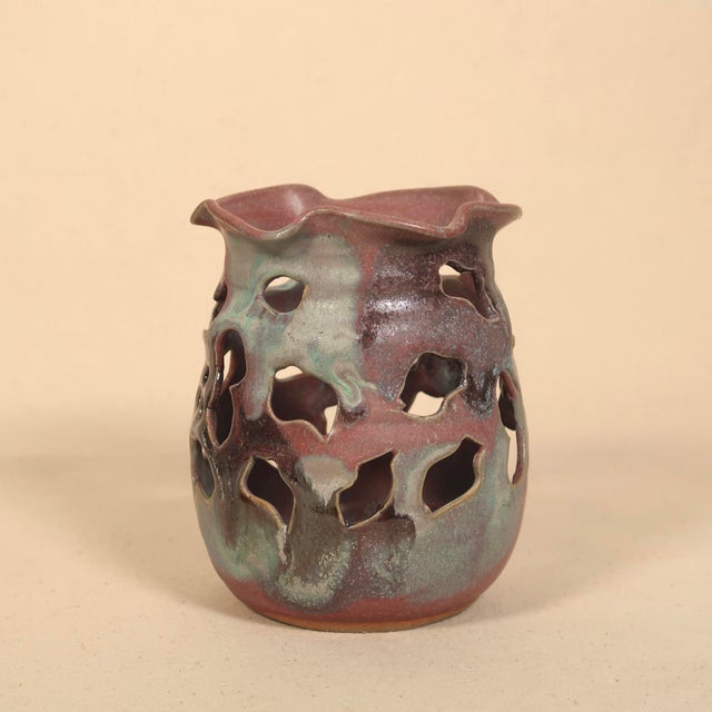 Vintage Sculptural Studio Pottery Pierced Ceramic Vessel Candle Holder With Organic Drip Glaze For Sale - Image 16 of 18
