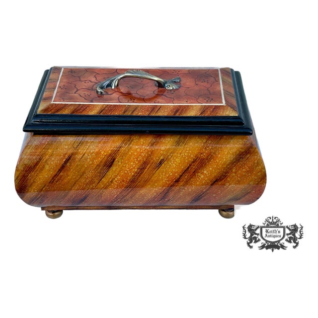 Vtg. Painted Wood & Composite Transitional Bombay Shaped Box W/Faux Burl Finish For Sale