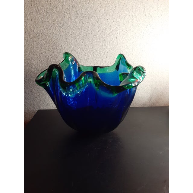 1980s Murano Blue & Green Art Glass Decorative Ruffled Bowl, Made in ...