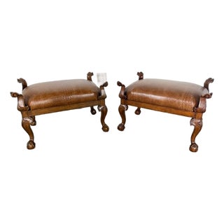 Pair of Spanish Revival Embossed Leather Benches For Sale