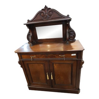 Late 19th Century Continental Empire Mahogany Sideboard Buffet With Mirror Back & Carved Scroll Crest For Sale