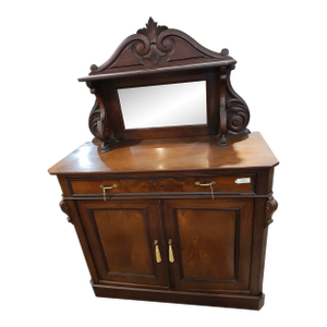 Late 19th Century Continental Empire Mahogany Sideboard Buffet With Mirror Back & Carved Scroll Crest