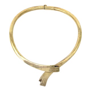 Vintage Los Castillo Hallmarked Brass Interlocking Hands Collar Sculptural Necklace, 1950's For Sale