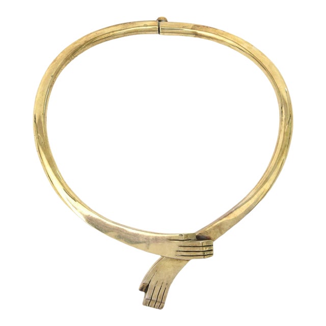 Vintage Los Castillo Hallmarked Brass Interlocking Hands Collar Sculptural Necklace, 1950's For Sale