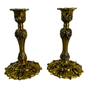 Vintage Floral Solid Brass Candlesticks- a Pair