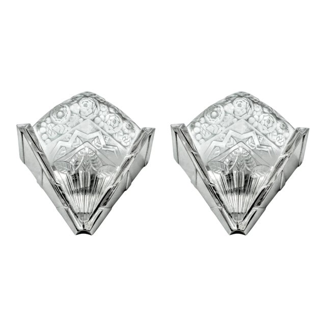 French Art Deco Geometric Wall Sconces Signed by Noverdy - a Pair For Sale