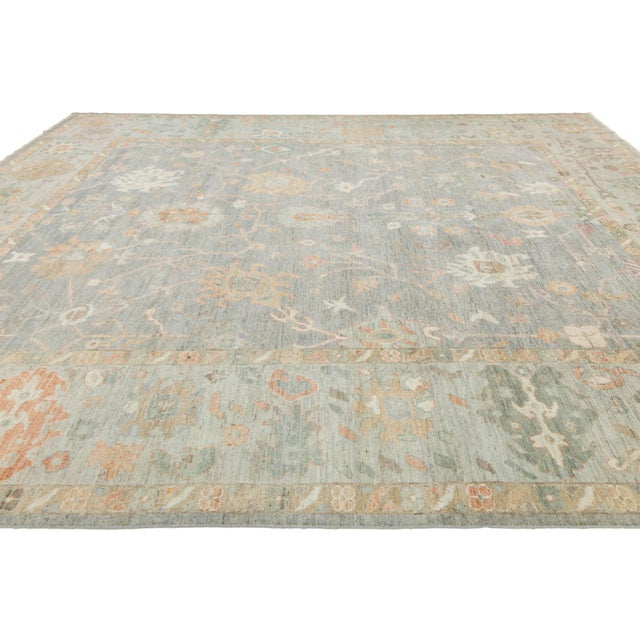 12x15 Hand-Knotted Modern Oushak Style Wool Area Rug – Muted Sage Floral Design For Sale - Image 9 of 10