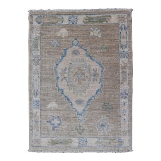 Modern Oushak Rug With Taupe Accents of Sky Blue and Sage Green 2'0 X 2'8 For Sale