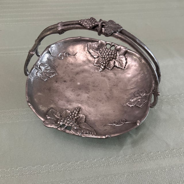 Art Nouveau 19th C. Nouveau Jugendstil Ornate Pewter Handled Basket Visiting Card Tray For Sale - Image 3 of 12