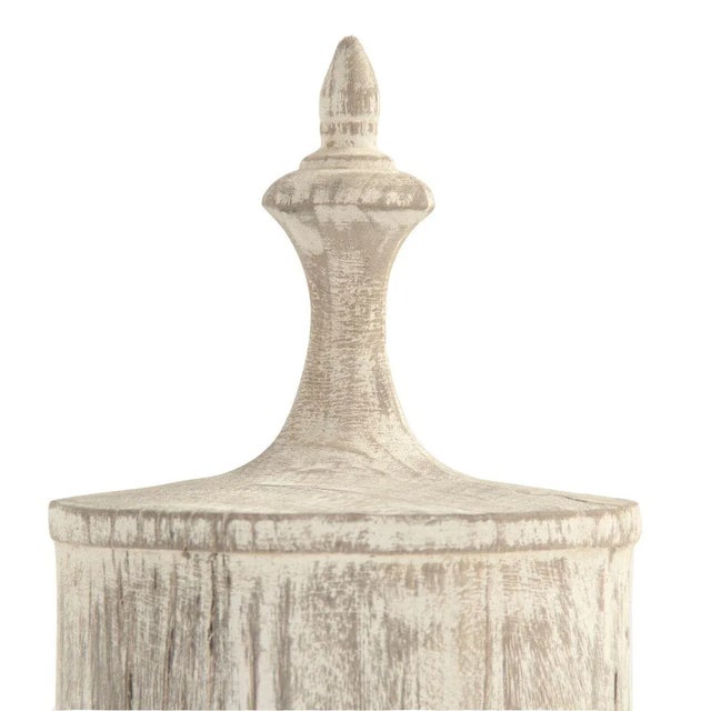 Wooden urn in distressed white-wash finish.