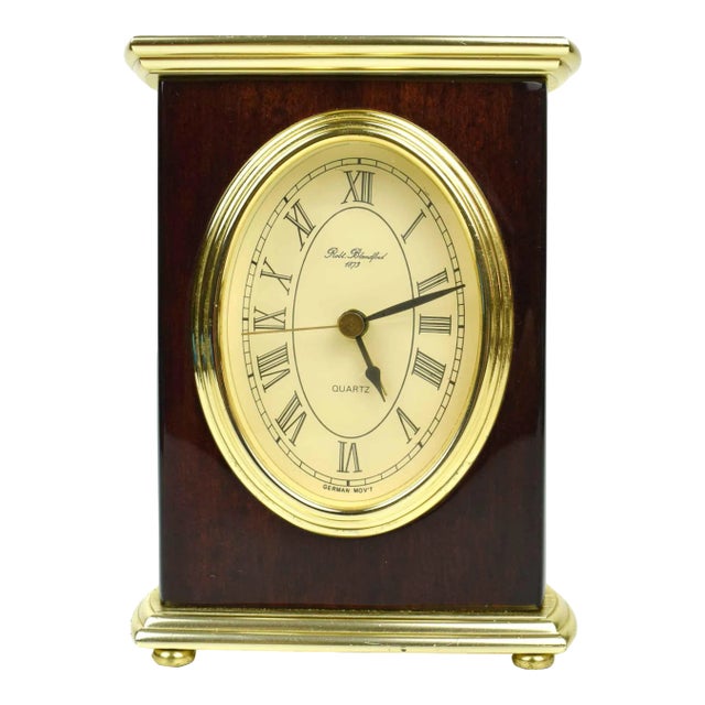 Vintage Wood and Gold Brass Robt Blandford Table Top Desk Clock Germany For Sale