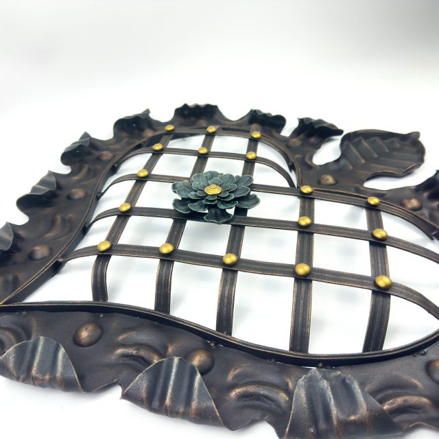 Black Hand-Forged Wrought Iron Heart Wall Decor (Ruffled Edge & Lattice Design) Antique Copper Finish For Sale - Image 8 of 9