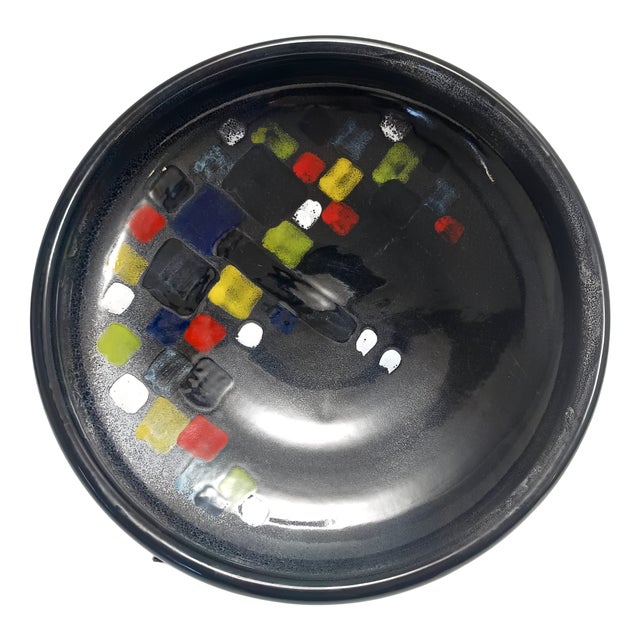 Black Lacquered Ceramic Vide-Poche with Colored Details by Ars Deruta, Italy, 1970s For Sale