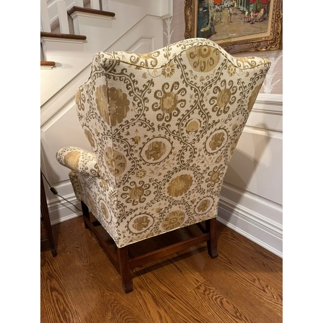 Linen Vintage Custom Upholstered Wing Back Chair With Mahogany Base For Sale - Image 8 of 17