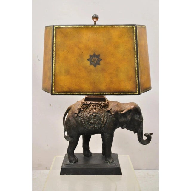 Maitland Smith Bronze Figural Elephant Table Lamp Faux Tooled Leather Shade (A). Item features cast bronze figural...