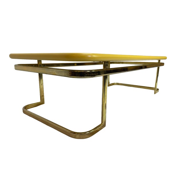 Mid-Century Modern 1970s Lane Furniture Lemon Yellow Lacquered Wood Coffee Table With Brass-Tone Metal Base For Sale - Image 3 of 13
