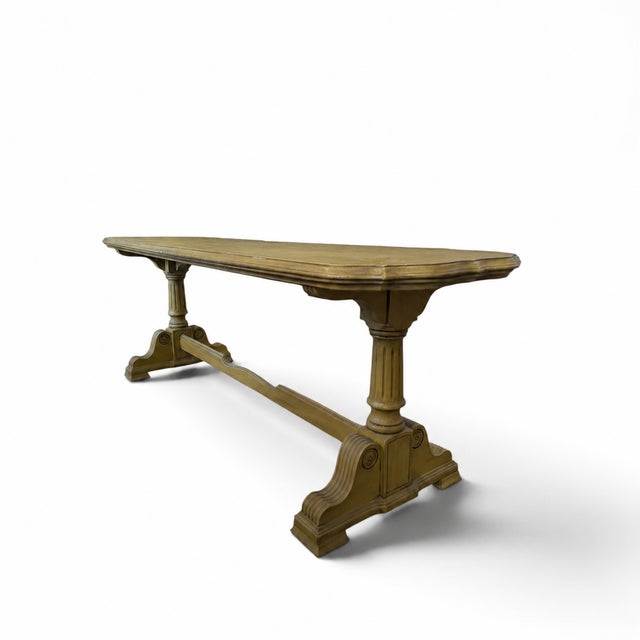 Vintage Butter Yellow Painted Trestle Sofa Table With Scalloped Top For Sale - Image 16 of 18