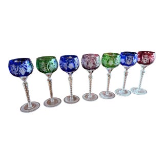 Vintage Bohemian Cut to Clear Lead Crystal Wine Glasses, Set of Seven, Circa 1950s–1960s For Sale