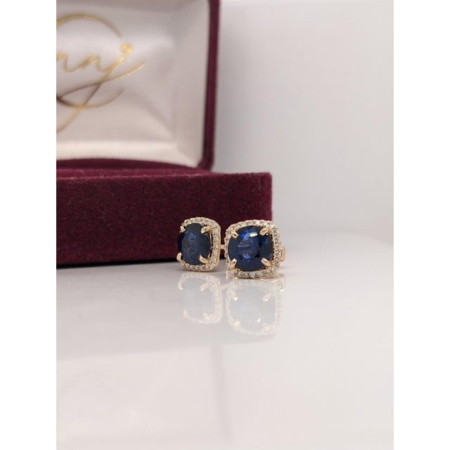 Metal Ceylon Sapphire Stud Earrings With Earth Mined Diamonds: Solid 14k Gold, A Pair For Sale - Image 7 of 9