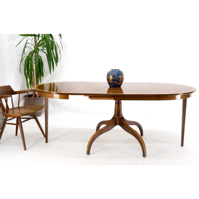 Charak Lacquered Mahogany Banded Round Dining Table w/ 2 Leaves Inlaid Legs For Sale - Image 6 of 13